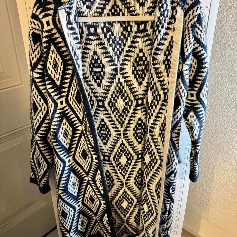 Missell Blue & Cream Geometric Hooded Long Cardigan Size Large